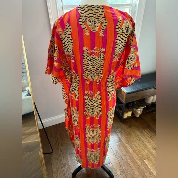 Vibrant Tiger Print Orange  Kaftan Dress One Size - Picture 6 of 6